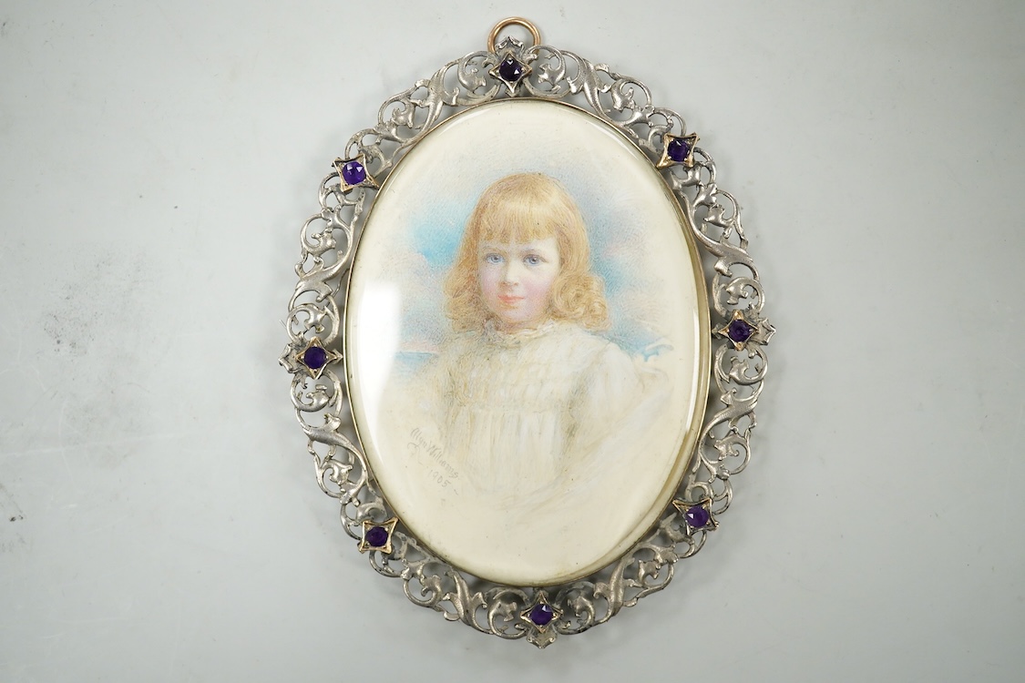 Alyn Williams (1866-1941), Portrait miniature of a young girl, signed and dated 1905, watercolour on ivory, guilloche enamel panel verso, housed in a white metal and amethyst set oval frame, overall 10cm high - CITES Sub